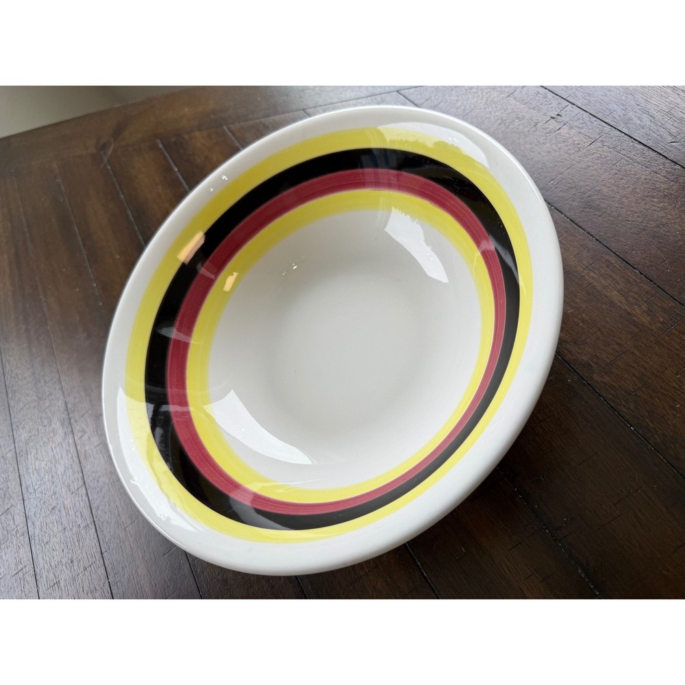 Fine Ironstone China Striped Serving Bowl Yellow Red Black Retro 9 Inch